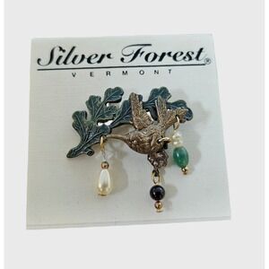 Silver Forest Hummingbird Brooch Womens OS Gold Green NEW Nature Bird Pin P-5422